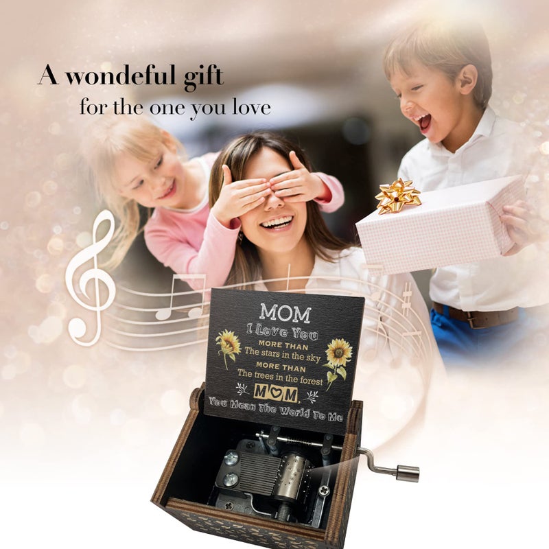 Hcaredee Music Box Gifts for Mom You are My Sunshine Hand Crank Engraved Wooden Musical Boxes Sunflower Gift for Mother on Birthday Christmas Mothers Day Black - Image 3